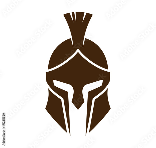 A stylized illustration of a Spartan warrior's helmet in brown and white colors.