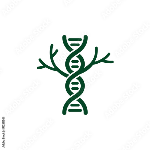 A green DNA double helix structure with branching strands on a white background