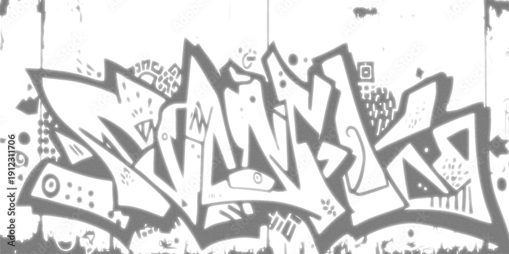 Naklejka premium Black and White Graffiti Mural Street Art With Hand drawn vintage floral vector pattern featuring abstract grunge grass and symbols on a textured paper sketch illustration.