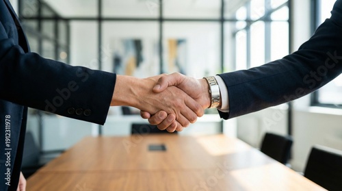 Two businessmen shaking hands in a modern office with a large wooden table and glass walls