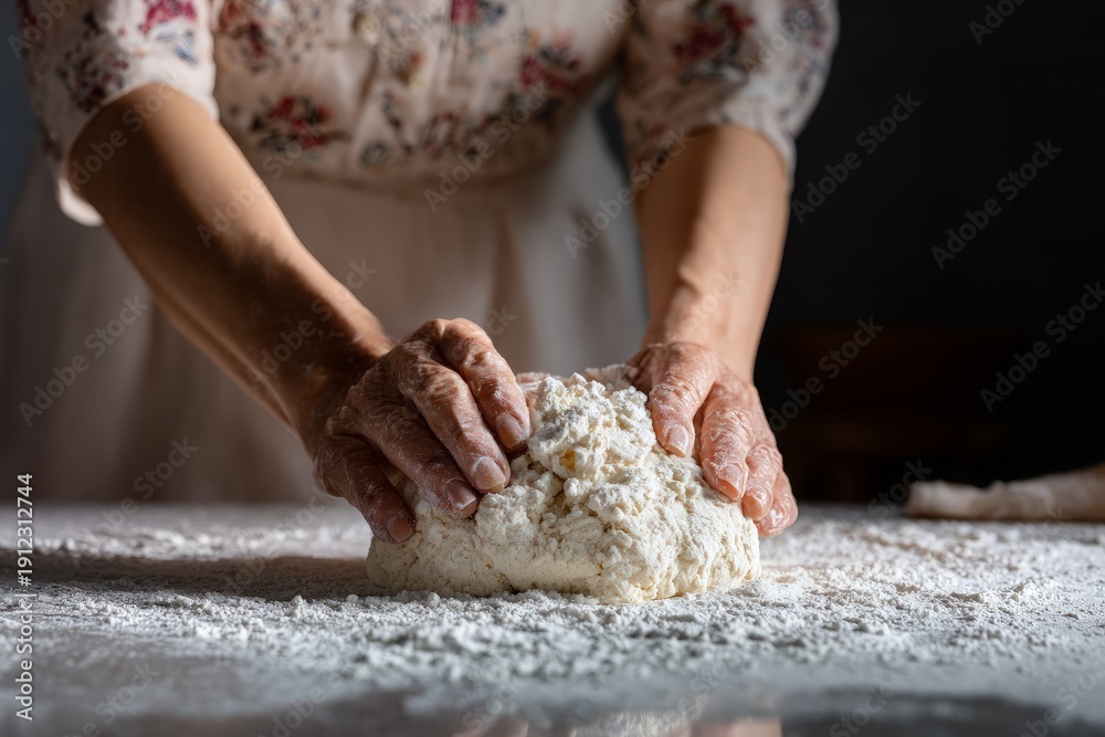 Fototapeta premium Hands kneading dough on a floured surface in dark studio lighting
