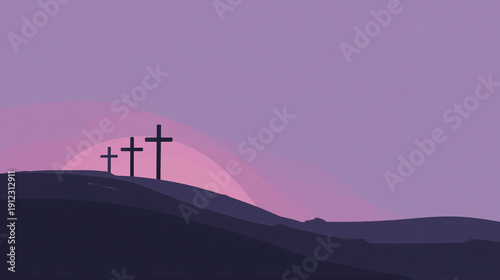 Three crosses on a hill at sunset, silhouettes against purple and pink sky, symbol of crucifixion and resurrection, minimalist vector illustration for Good Friday and Easter concept with copy space