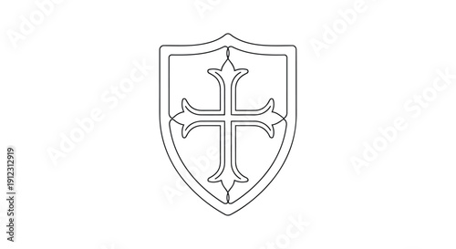 Minimalist heraldic shield with cross single line art — knight protection icon vector