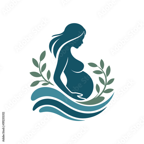 A pregnant woman sits serenely surrounded by leaves and flowing water in a calming illustration.
