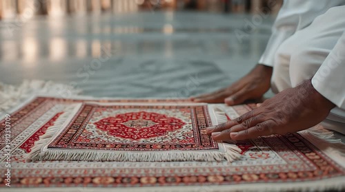 Person praying on ornate carpet in peaceful mosque interior