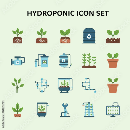 Hydroponic Icon Set with Plants and Devices.