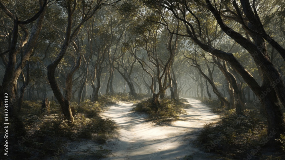 Fototapeta premium Eerie Path Through a Misty Forest