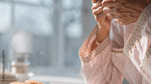 Woman enjoying morning coffee in cozy kitchen setting