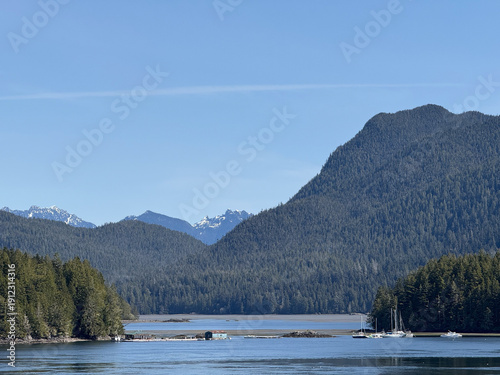 View of mountains and islands at low tide