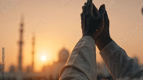Silhouette of person praying at sunset with mosque in background