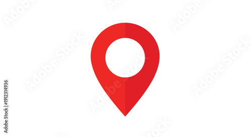 A flat design red location pin icon with a white inner circle is centrally positioned on a pure white background.