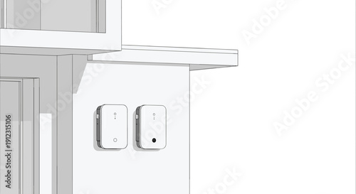 Two minimalist white wall-mounted electronic devices with indicator lights, affixed to a light grey building corner.