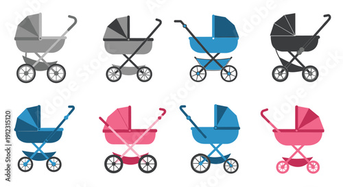 A comprehensive collection of eight baby strollers in various colors and styles, arranged neatly in two rows.