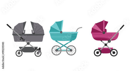 Three distinct baby strollers including a grey double version, a teal pram, and a pink pram displayed side by side.