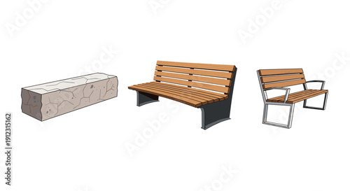 A textured concrete block bench alongside a wooden slat bench with a dark base and another with a metal frame.