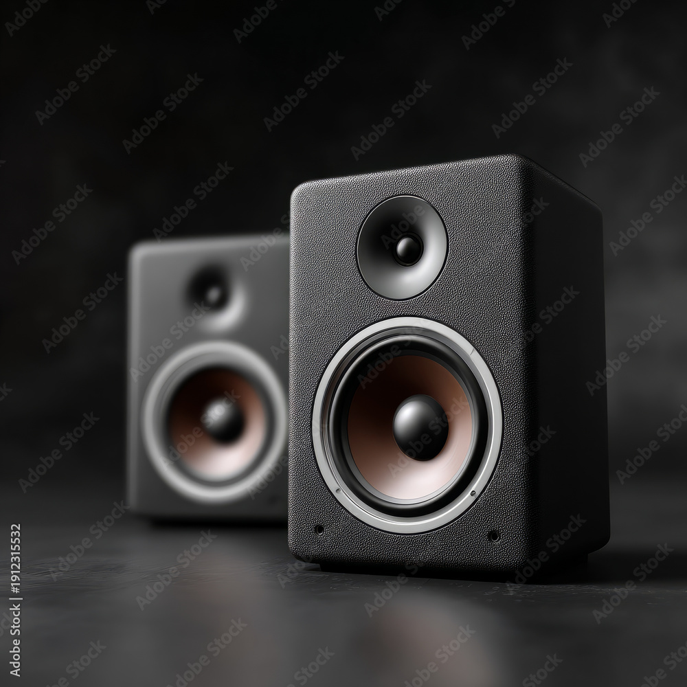 Fototapeta premium Modern studio audio speakers in black on luxurious dark background