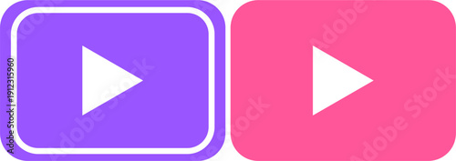 Collection of bright circular and rounded square play button icons in yellow, green, blue, purple, and pink on white background.