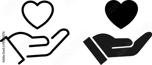 Single hand offering a heart in outline and solid black versions, symbolizing generosity and kindness.