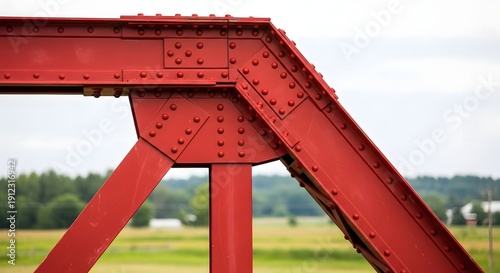 A close-up shot of a red metal bridge with rivets in a rural farm setting with green fields and trees in the background.