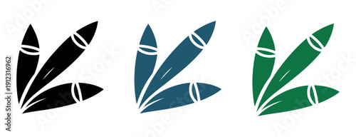 A stylized illustration of bamboo leaves in black, blue, and green colors on a white background