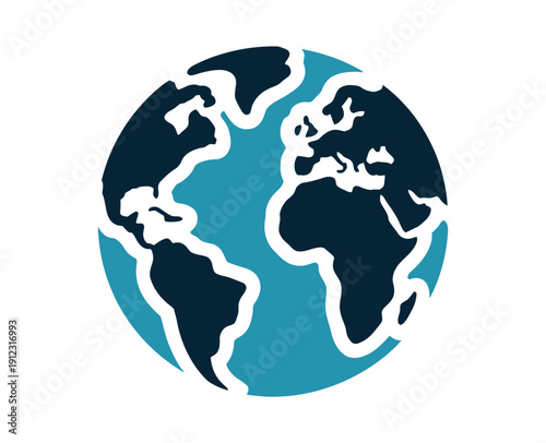 A stylized illustration of the Earth with a white outline on a blue and dark blue background