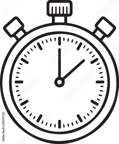 Precise black and white outline of a classic stopwatch isolated on a solid color backdrop, suitable for illustrating time-sensitive concepts.