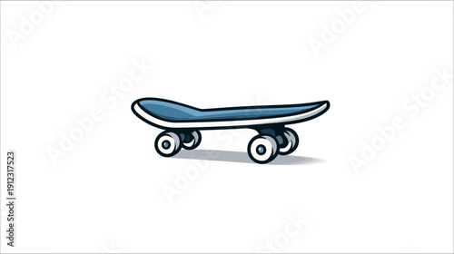 Cartoon-style illustration featuring a skateboard with a blue deck and white wheels