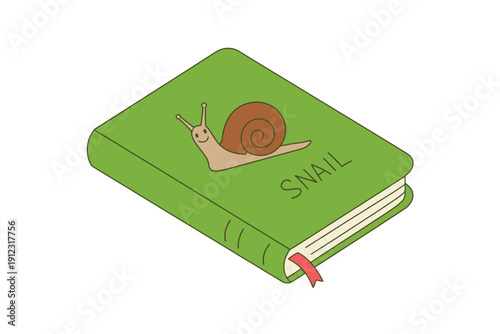 Isometric view of a green hardcover book featuring a cartoon snail character.