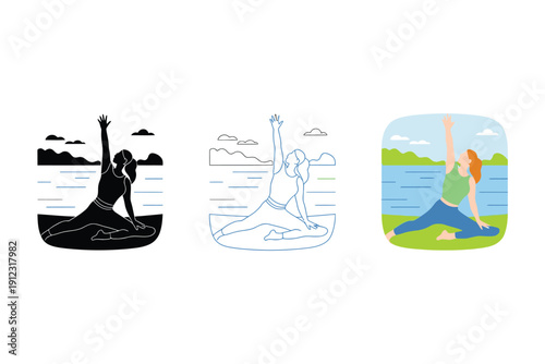 Woman performs a yoga pose outdoors, symbolizing wellness, balance,.