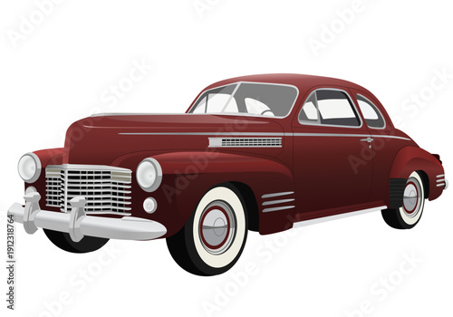 Classic Luxury Maroon Sedan Illustration, Retro 1940s Vintage Antique Car Isolated on White Background