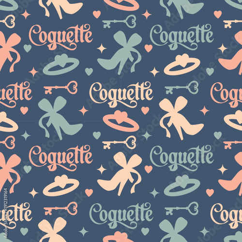 A sweet aesthetic seamless background with female accessories like heart-shaped keys, rings, ribbons, and bows. A flirty chaos backdrop in muted pastel colors.