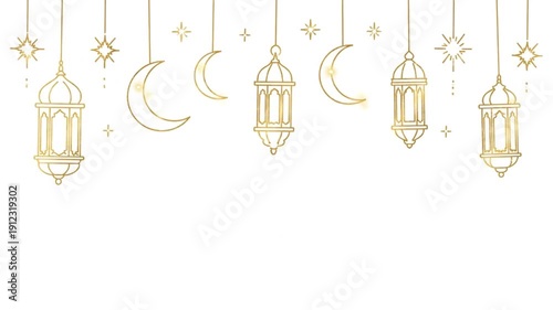 Golden line art Ramadan decorations: lanterns, crescent moons, and stars on a white background