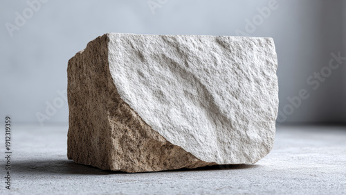 Textured natural stone block on minimalist concrete surface