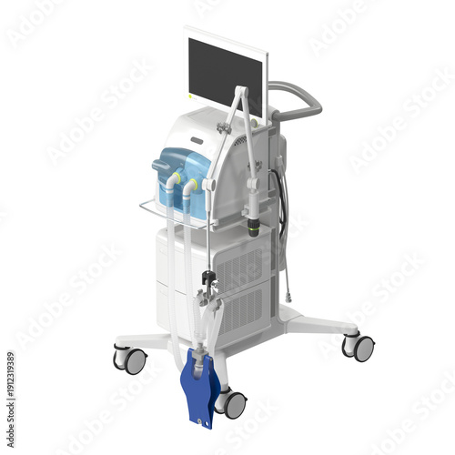 Modern medical ventilator machine with screen and tubes on a wheeled stand