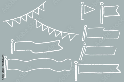 白い線の手描きガーランドと旗の線画セット