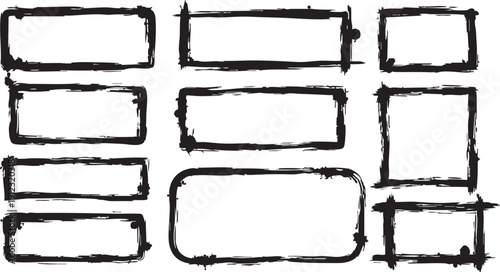 Straight line grungy vector brush strokes. Black hand drawn stripes, smears. Chinese or Japanese calligraphy brushstroke set. Rough grunge thick paint line texture. Vintage sketch rectangle text boxes