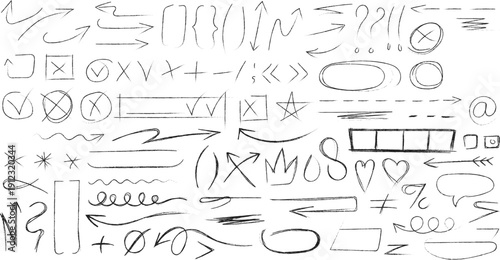 Hand drawn doodle red crayon pencil lines, chalk and brush stroke vector elements. Arrows, abstract shapes and scribbles, check mark, star, emphasis and underline, heart, crown red crayon sketches