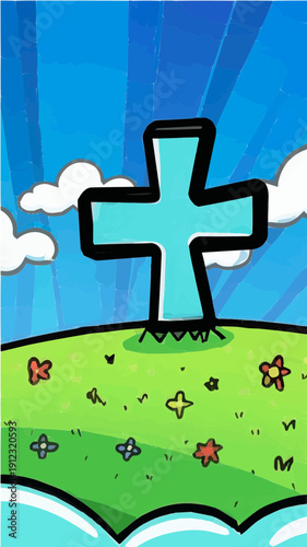 Simple cartoon graveyard landscape with cross headstone on grassy hill blue sky clouds and flowers playful spooky background for kids halloween poster cemetery illustration and clipart