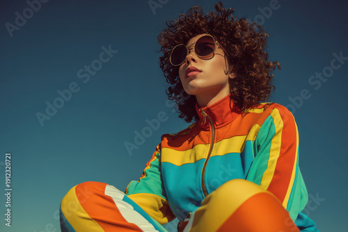 Confident Woman in Vibrant Retro Tracksuit, Sunglasses, and Curly Hair Posing Against Blue Sky for Fashion Campaigns.