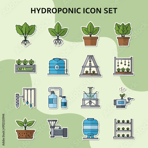 Hydroponic System Icons and Plant Growth Stages.