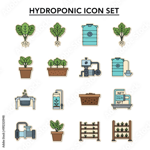 Hydroponic System Icons and Equipment Illustration.