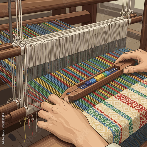Weaving colorful threads on a wooden loom with a shuttle and skilled hands in action