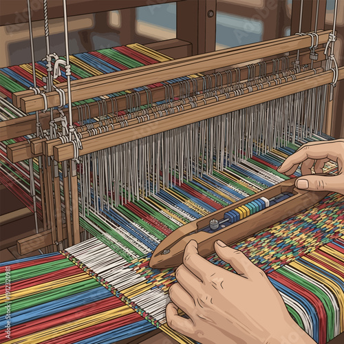 Weaving colorful threads on a wooden loom with a shuttle and skilled hands in action