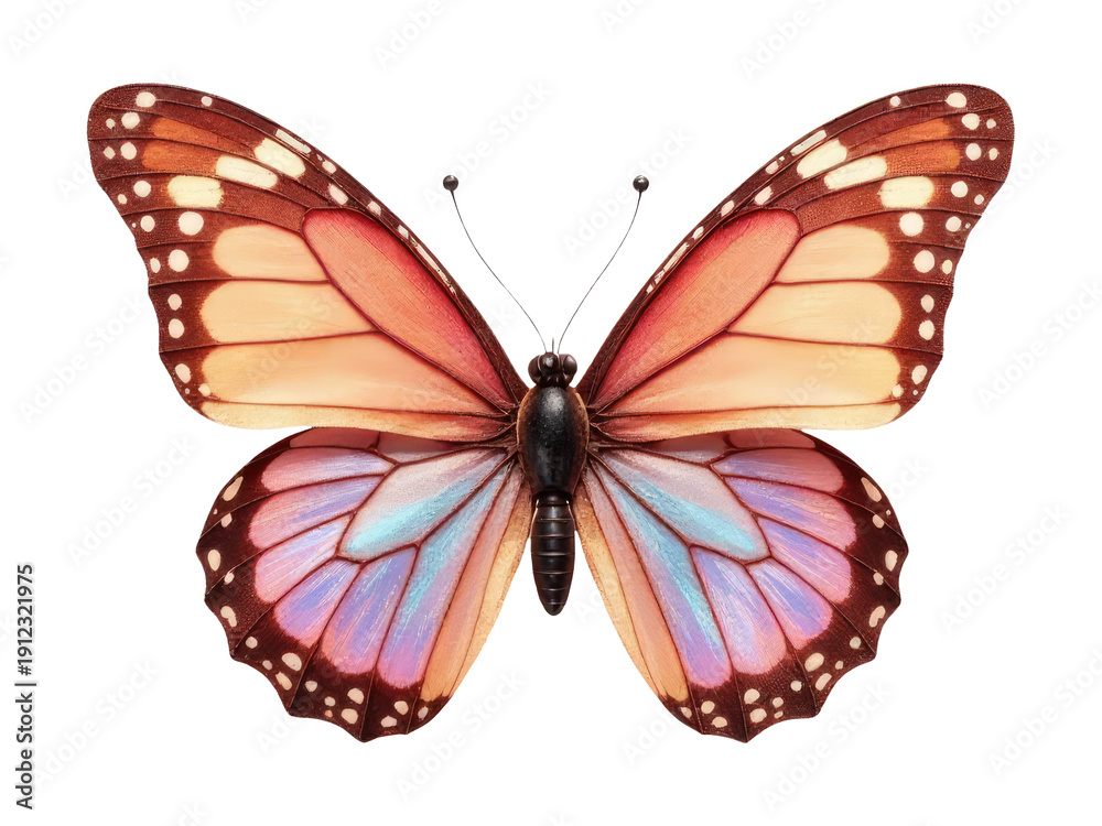 Obraz premium A colorful butterfly with vibrant pink and blue wings perched on a leaf