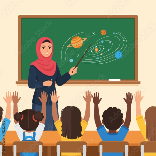 Teacher pointing to solar system on chalkboard, students raising hands in class