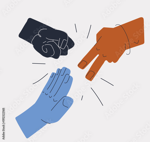 Cartoon vector illustration of hands playing rock paper scissors as a metaphor for choice, competition, and decision making