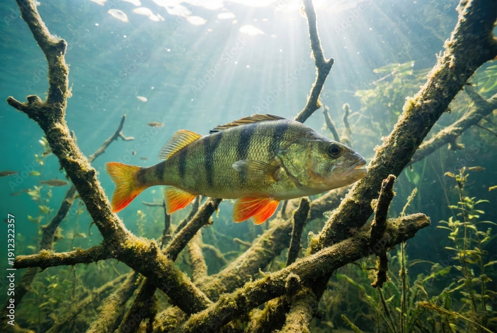 Obraz premium A striped European perch with orange fins swims among submerged, mossy tree branches.