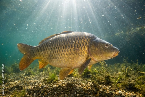 A common carp swims in a clear river, beautifully lit by rays of sunlight from above.