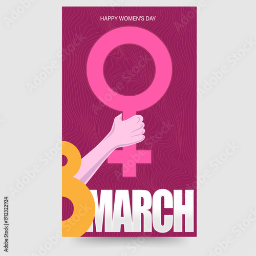 International Women's Day poster for March 8th featuring a female symbol held by a hand on a magenta background