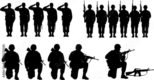 Silhouette of military soldiers standing, saluting, and kneeling with rifles, army troops in uniform, war service honor vector illustration